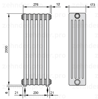 Схема (чертеж) Радиатор Zehnder Charleston 5200/6 №3570 Белый глянцевый RAL 9016